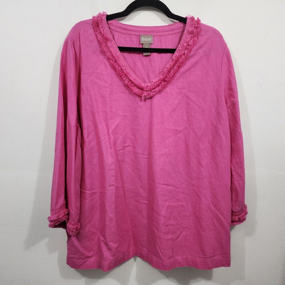 Chico's Ffringe-trimmed V-neckline Linen Blend Blouse Top Pink Plus Size 3 XL 16